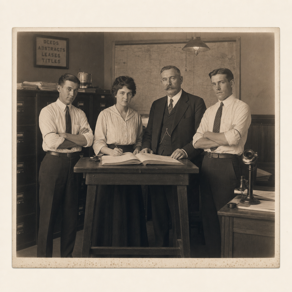 Landtecs and Texas landmen working a courthouse abstract, sepia 1920s photograph